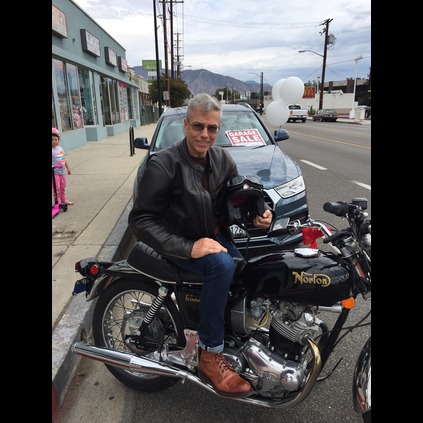 Rob Harand with his perfect pairing of Norton Commando 1972 bike and Norton Commando Sole Boots!