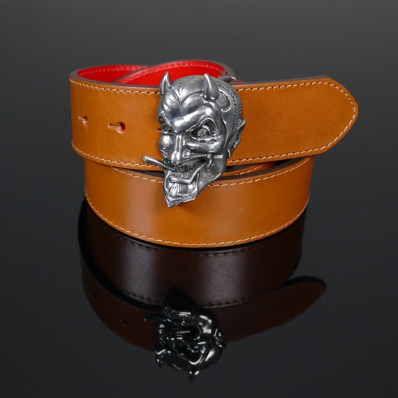 INFAMOUS BELT - 'MR LUCKY' DEVIL HEAD - TAN CALF